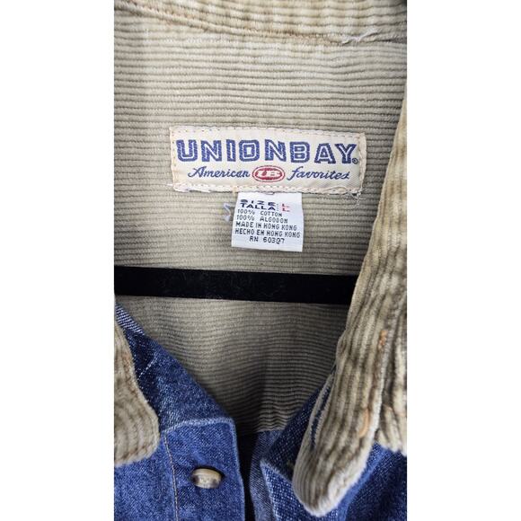 Vintage 90s Union Bay Denim & Corduroy Shirt Men's LG Blue Tan Grunge Western - Picture 5 of 12
